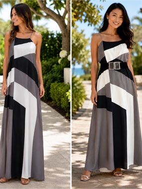 RW&CO Geometric Colorblock Maxi Dress Black White Gray Size Medium NWT